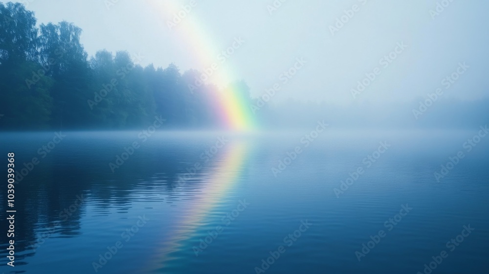 Rainbow Reflection in Calm Water with Misty Trees in the Background Rainbow Reflection in Calm Water with Misty Trees in the Background