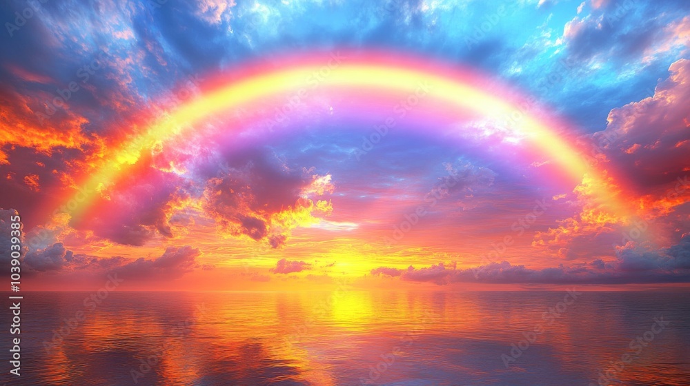 A Vibrant Rainbow Arcs Over a Calm Ocean at Sunset A Vibrant Rainbow Arcs Over a Calm Ocean at Sunset