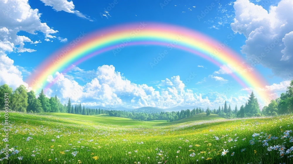 A vibrant rainbow arcs over a green meadow with wildflowers and a distant forest under a blue sky A vibrant rainbow arcs over a green meadow with wildflowers and a distant forest under a blue sky