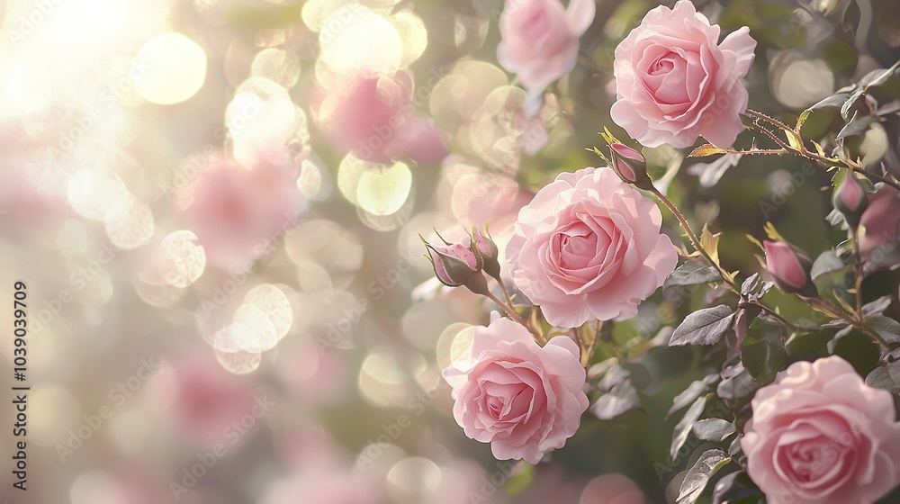 Pink roses blossom on a branch in a garden with a soft boke in the background Pink roses blossom on a branch in a garden with a soft boke in the background