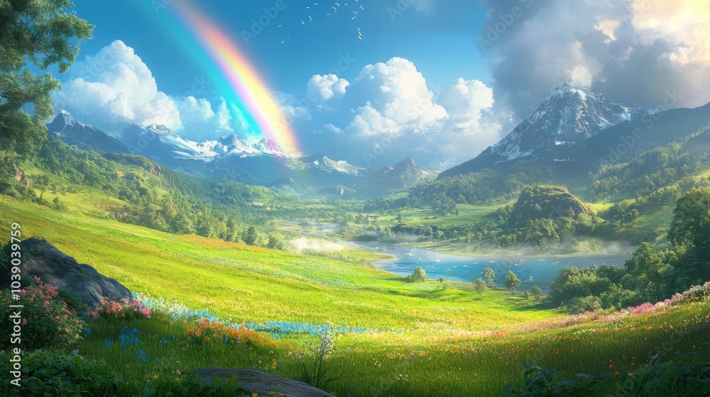 Fototapeta premium A Vibrant Rainbow Arcs Over a Lush Mountain Valley Landscape