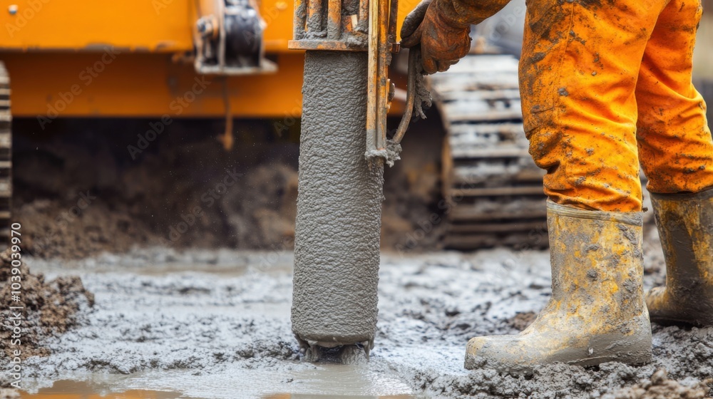 A detailed close-up of a construction worker operating a concrete pump to pour foundation footings for a residential construction project, Foundation pouring scene, Residential development style A detailed close-up of a construction worker operating a concrete pump to pour foundation footings for a residential construction project, Foundation pouring scene, Residential development style