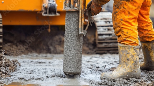 A detailed close-up of a construction worker operating a concrete pump to pour foundation footings for a residential construction project, Foundation pouring scene, Residential development style