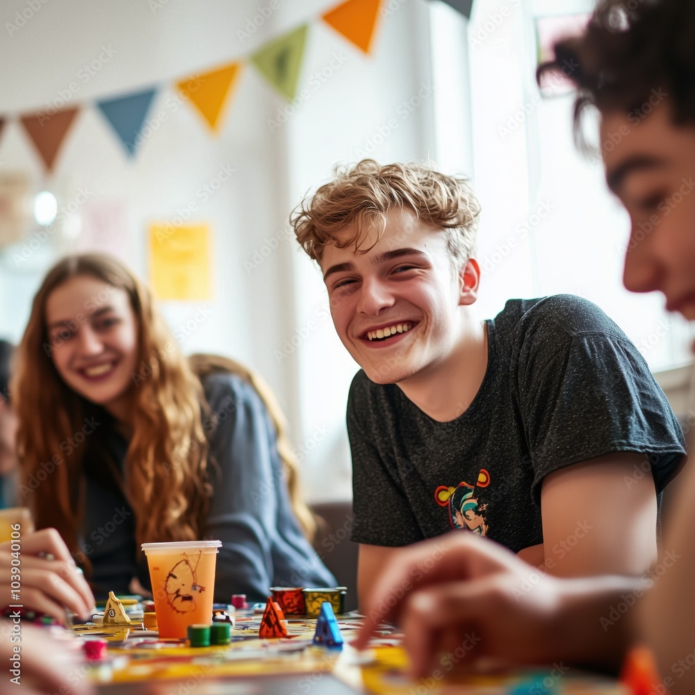 Fototapeta premium Cheerful teens enjoying board game gathering in cozy room with colorful decorations