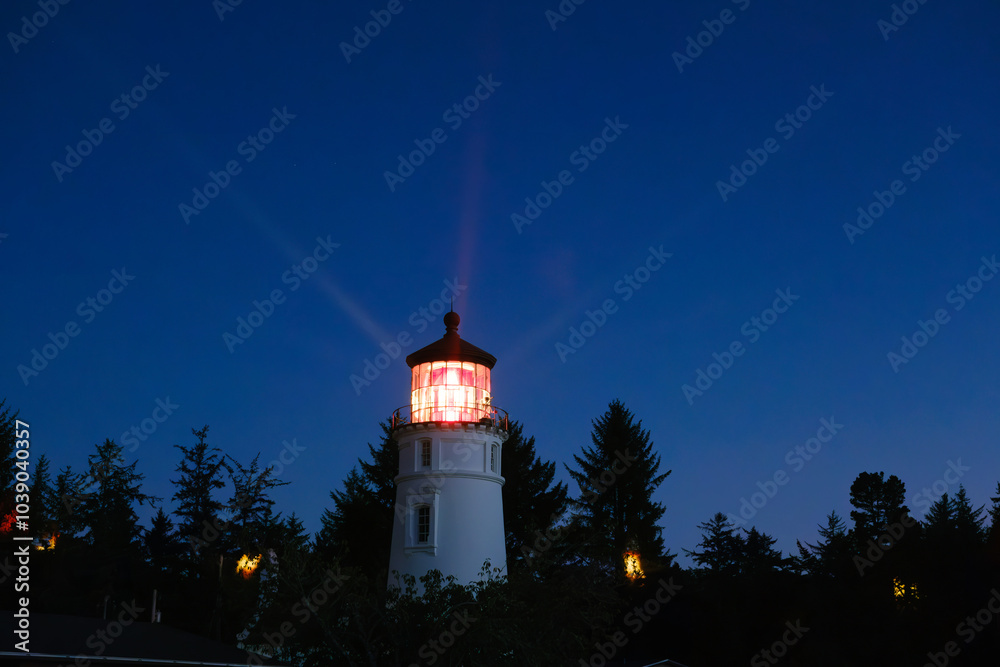 Umpqua Lighthouse glowing and night against the trees Umpqua Lighthouse glowing and night against the trees