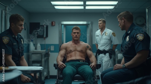 Interrogation room tension muscular man surrounded by uniformed officers in a police station
