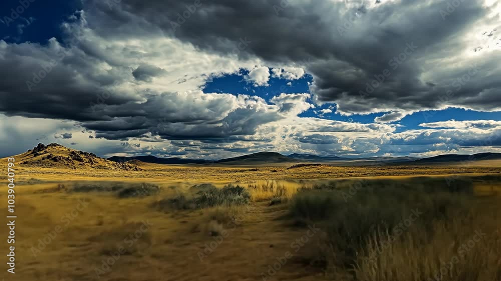 A vast, grassy field stretches out under a dramatic sky with dark, stormy clouds A vast, grassy field stretches out under a dramatic sky with dark, stormy clouds
