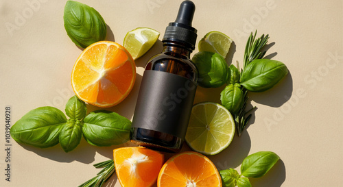 Bottle with citrus fruits and basil oil essence surrounded by fresh herbs and sliced citrus photo