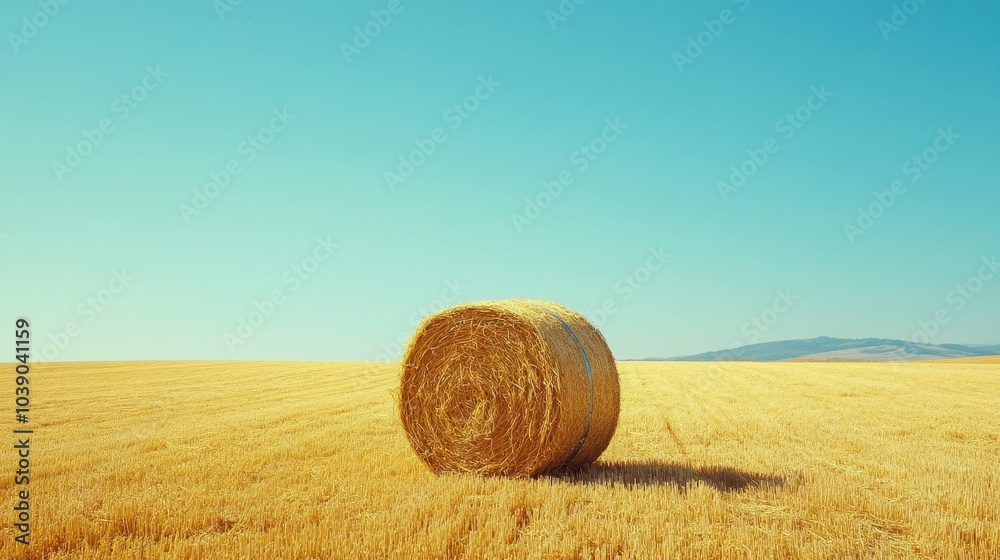 A solitary hay bale rests on the golden field under a clear blue sky during daytime A solitary hay bale rests on the golden field under a clear blue sky during daytime