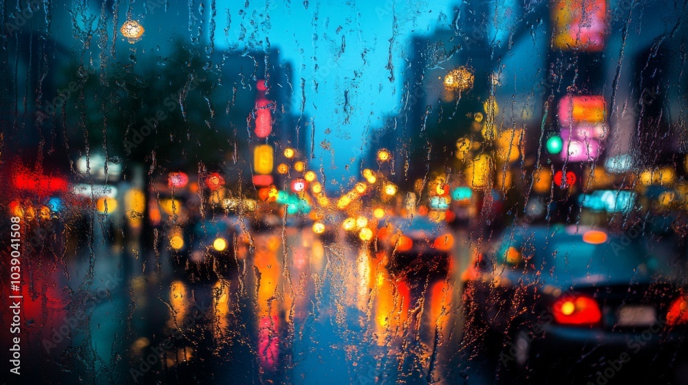 Obraz premium Blurry City Lights Through Rainy Window
