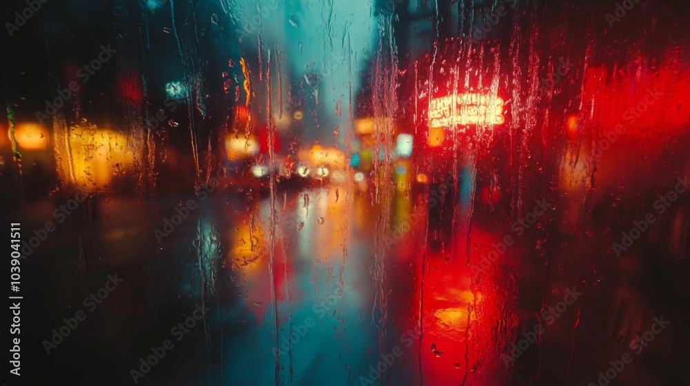 Fototapeta premium Blurry City Lights Reflected in Rain-Covered Window