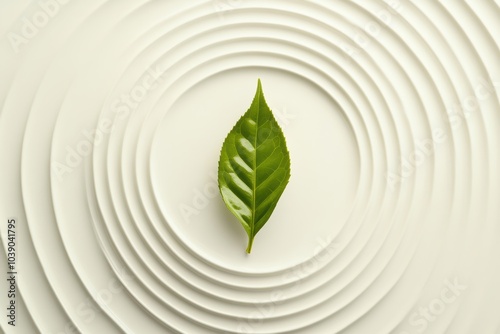 A single green tea leaf rests prominently on a smooth, textured white surface, emphasizing simplicity and tranquility in design. Generative AI photo