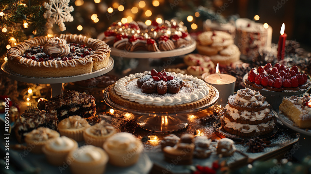 festive dessert table filled with array of holiday treats, including cakes, pastries, and cookies, beautifully decorated for season. warm ambiance creates joyful atmosphere festive dessert table filled with array of holiday treats, including cakes, pastries, and cookies, beautifully decorated for season. warm ambiance creates joyful atmosphere