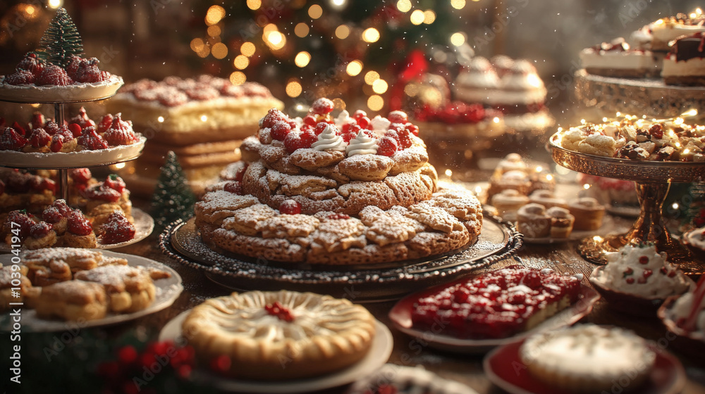 festive dessert table filled with array of holiday treats, including cookies, cakes, and pastries, beautifully arranged with warm, inviting atmosphere festive dessert table filled with array of holiday treats, including cookies, cakes, and pastries, beautifully arranged with warm, inviting atmosphere