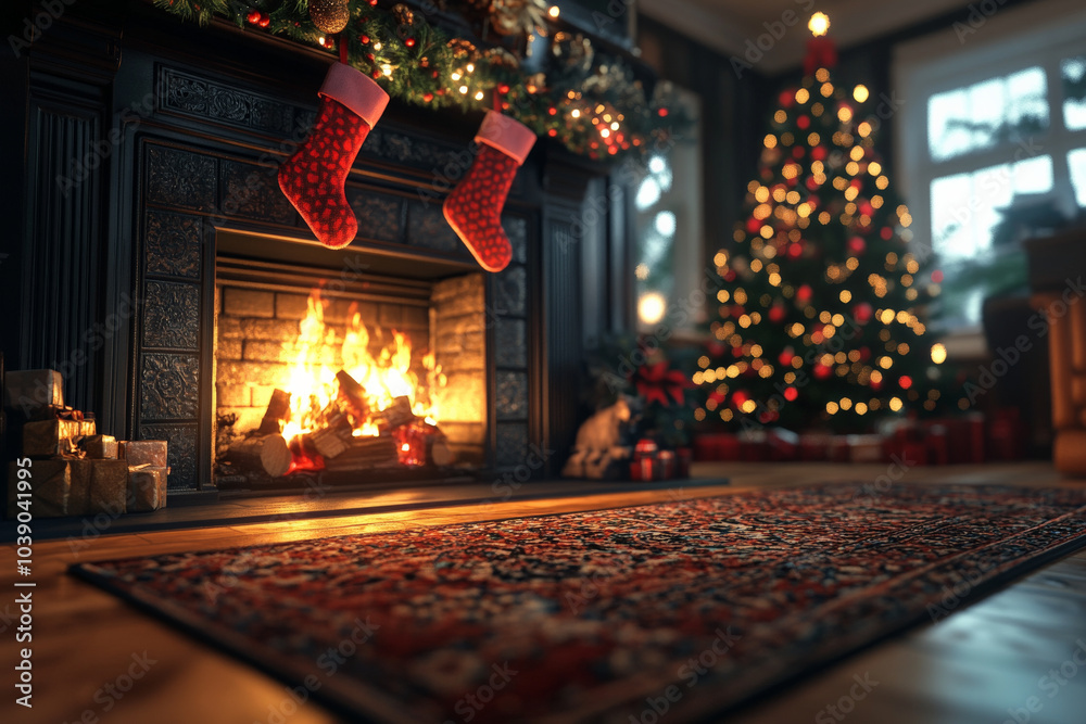 cozy fireplace scene featuring stockings hanging above warm fire, surrounded by festive decorations and beautifully lit Christmas tree. atmosphere is inviting and cheerful, perfect for holiday cozy fireplace scene featuring stockings hanging above warm fire, surrounded by festive decorations and beautifully lit Christmas tree. atmosphere is inviting and cheerful, perfect for holiday