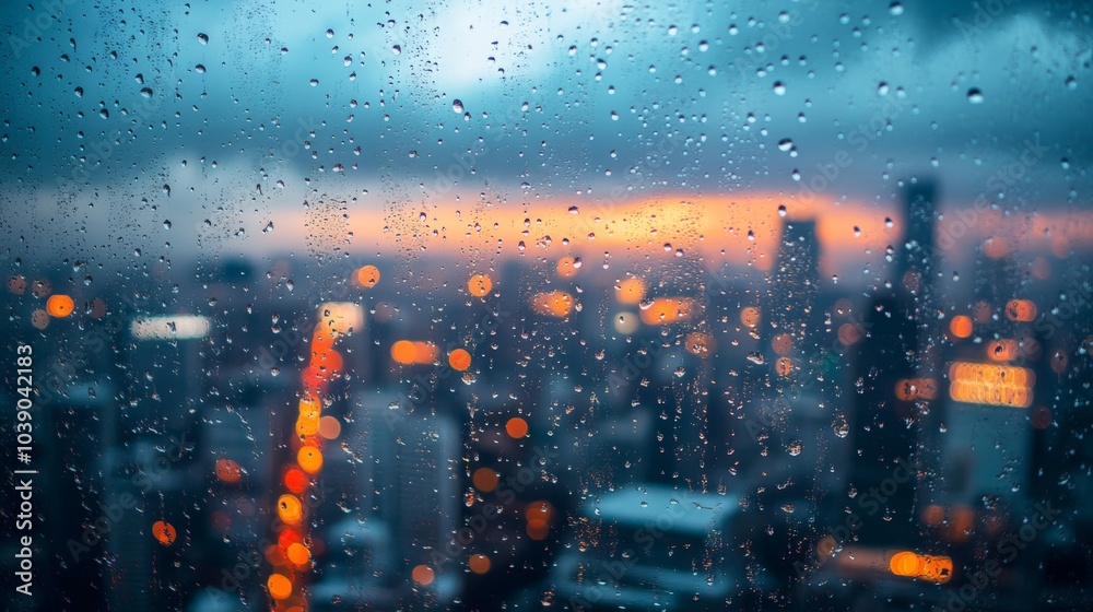 Naklejka premium Rain-Streaked Window with a Blurred Cityscape and Sunset in the Distance