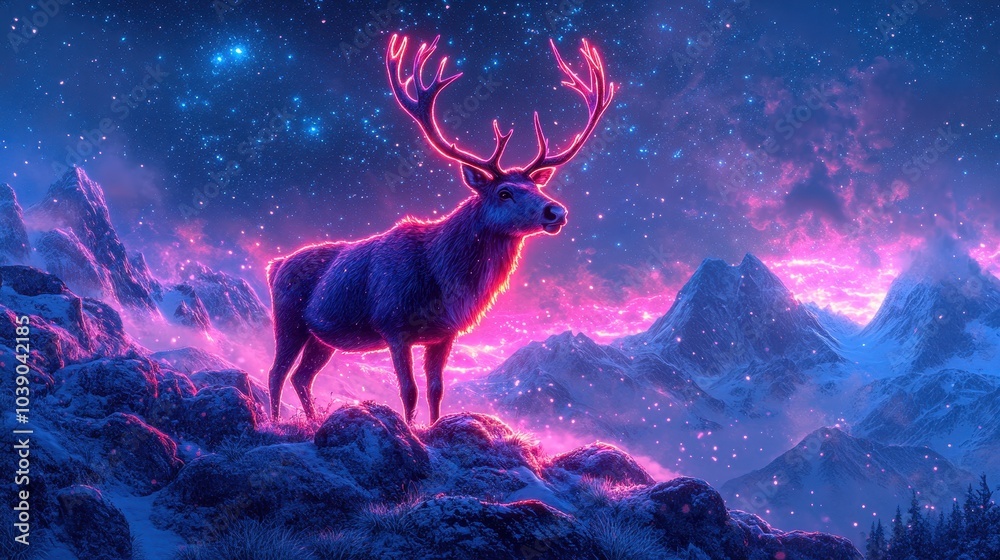 Fototapeta premium A powerful beautiful wild animal under a neon light starry sky in the mountains. Christmas reindeer with big antlers. Winter night, illustration.
