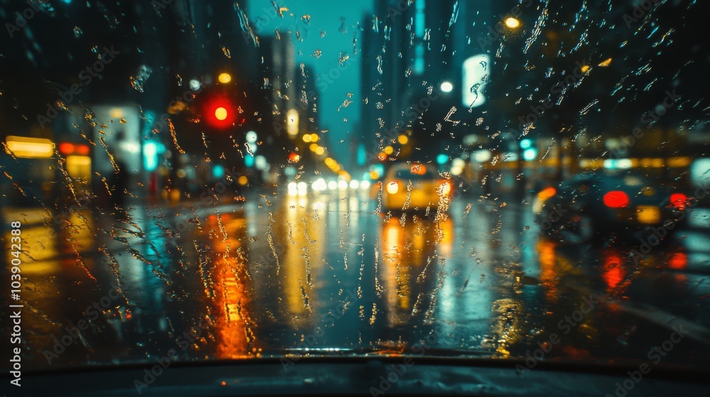 Obraz premium A Nighttime Cityscape Through a Rain-Streaked Windshield