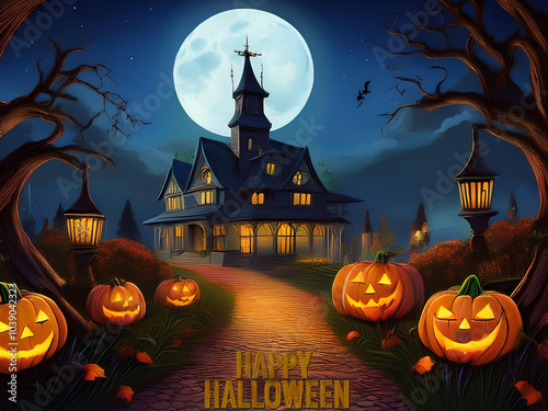 happy halloween with pumpkin and bats