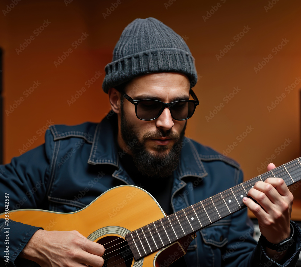 Obraz premium A focused musician wearing sunglasses and a beanie plays an acoustic guitar passionately. Capturing the essence of music, creativity, and concentration in a dimly lit setting.