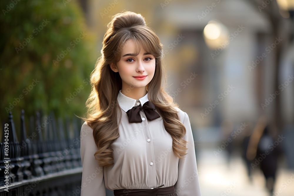 Fototapeta premium young elegant but nerdy asian woman in vintage outfit strolling at street.