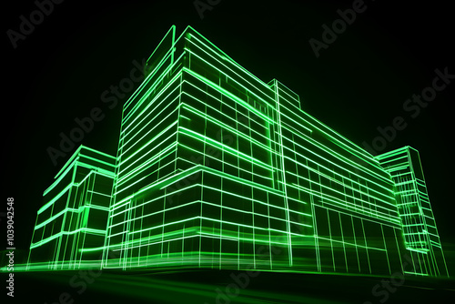 Neon silhouette of a hospital building isotated on black background. photo