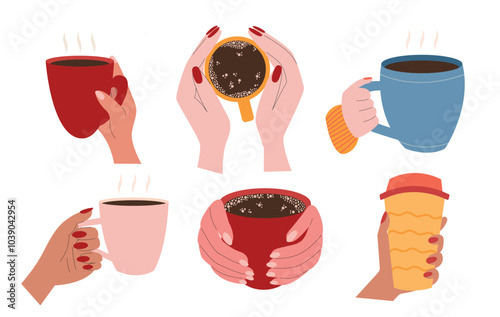 Coffee cups in hands vector flat set. Set of cups with coffee and tea in woman hands