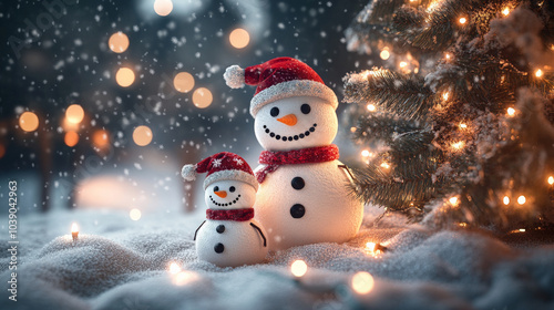 cheerful snowman family stands in snowy landscape, adorned with festive hats, next to beautifully lit Christmas tree. scene captures warmth and joy of holiday season