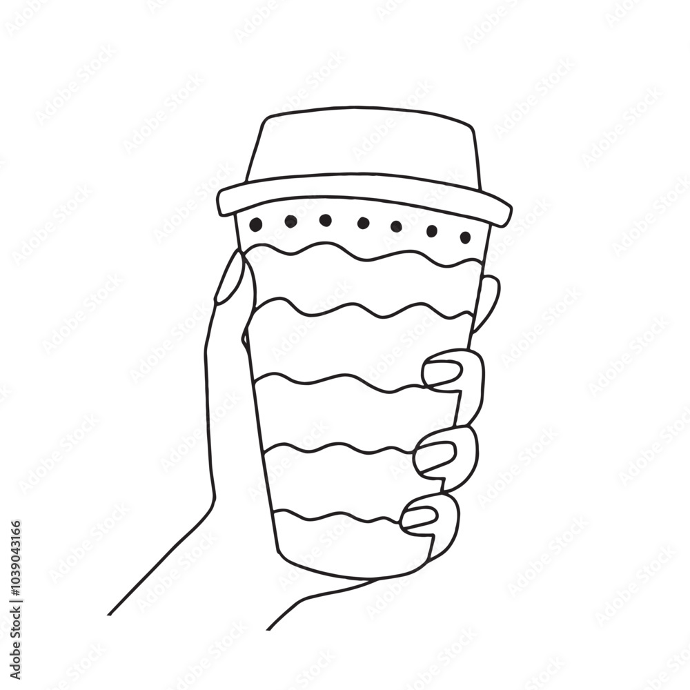 Coffee cup take away in woman hand vector hand drawn illustration