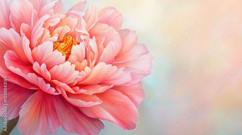 Fototapeta premium A close-up of a pink flower against a blue-pink background, with a soft focus effect from the center due to ambient light