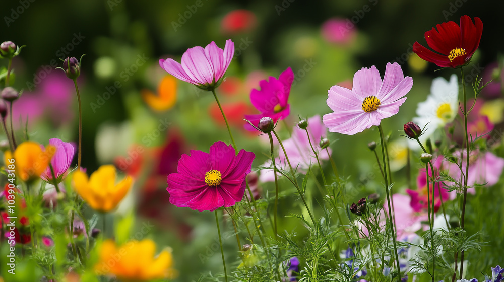 Fototapeta premium A park with a meadow featuring pink cosmos flowers in backlighting, wildflowers, and bright summer colors.