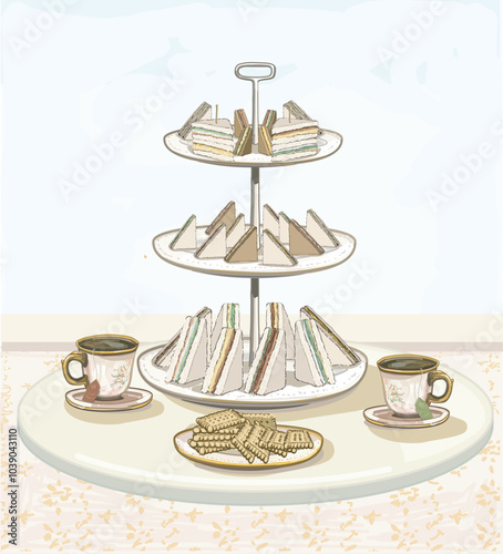 afternoon british tea time party biscuits cookies sandwich finger trier serving illustration table old style