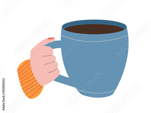 Big coffee cup in hand vector flat illustration