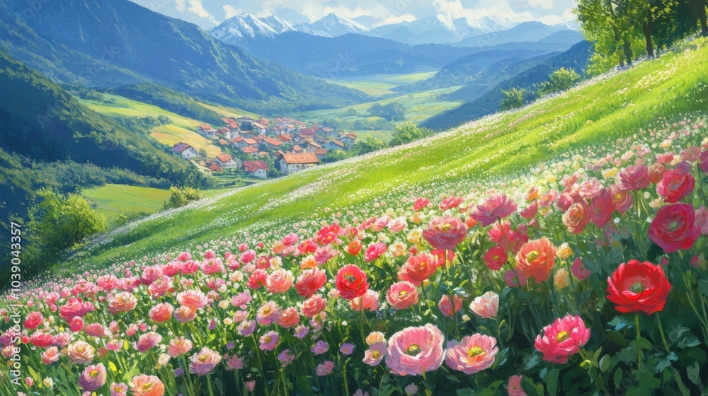 Mountain Village Valley with Blooming Wildflowers Mountain Village Valley with Blooming Wildflowers