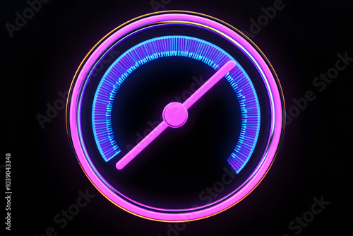 Purple and blue neon speedometer icon isotated on black background. photo