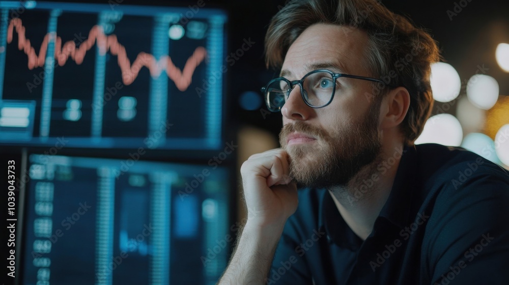 Stock trader reacting to market crash amidst falling financial graphs Stock trader reacting to market crash amidst falling financial graphs