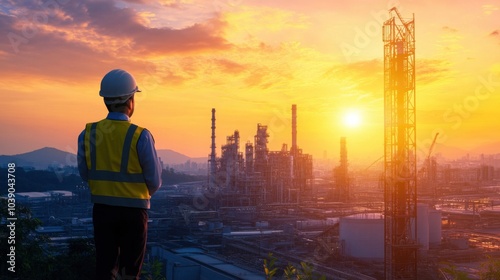 Engineer on hill overseeing industrial site with sunset view