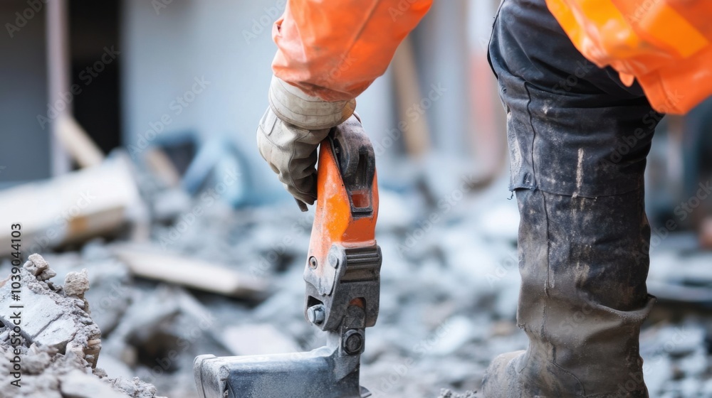 A detailed close-up of a construction worker wearing safety gear and operating a jackhammer at a demolition site, Demolition scene, Power and precision style A detailed close-up of a construction worker wearing safety gear and operating a jackhammer at a demolition site, Demolition scene, Power and precision style