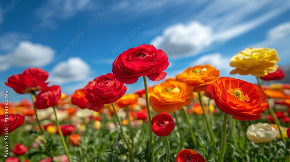 Obraz premium Vibrant Red and Orange Ranunculus Flowers in a Field Against a Blue Sky