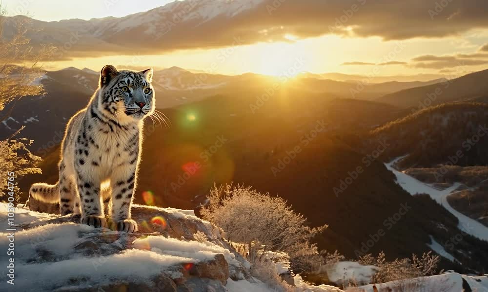 A stunning snow leopard stands proudly on a rocky ledge as the sun sets behind the mountains. This breathtaking scene captures the beauty of nature and wildlife.