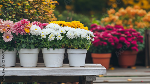 Wallpaper Mural A wooden bench located in the park, surrounded by a variety of colorful chrysanthemums and dahlias, autumn flowers in pots intended for garden and home decoration. Torontodigital.ca