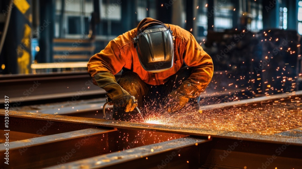 A detailed close-up of a welder in protective gear working on metal beams amidst sparks, Welding scene, Industrial and technical style A detailed close-up of a welder in protective gear working on metal beams amidst sparks, Welding scene, Industrial and technical style