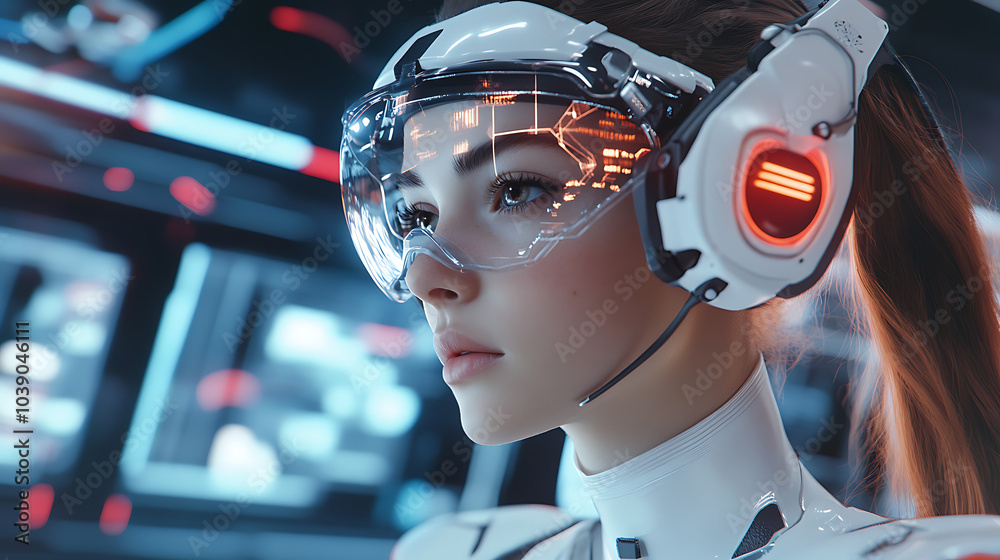 Futuristic Woman with Headset and Glasses in a Digital World Futuristic Woman with Headset and Glasses in a Digital World
