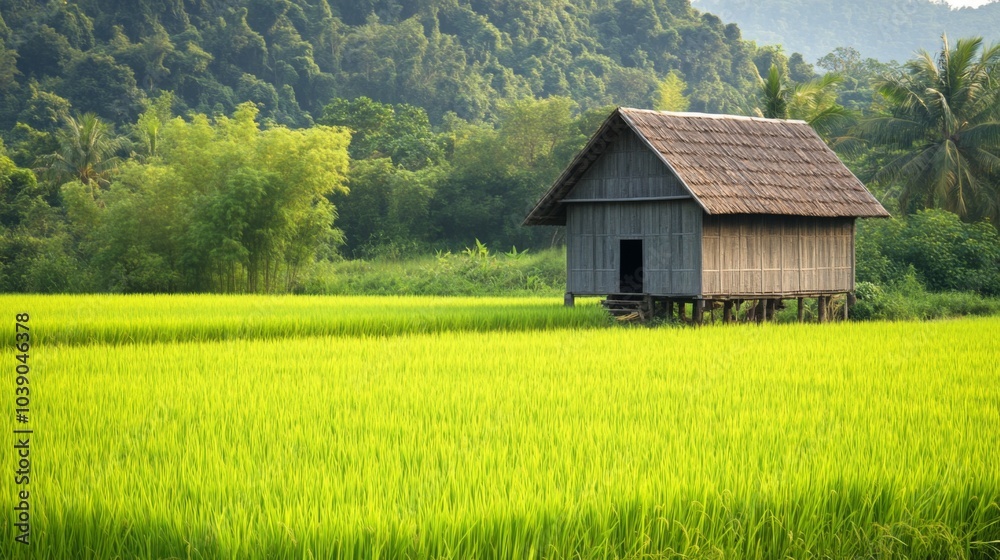 Traditional Wooden Hut in Lush Green Rice Paddy Field Traditional Wooden Hut in Lush Green Rice Paddy Field