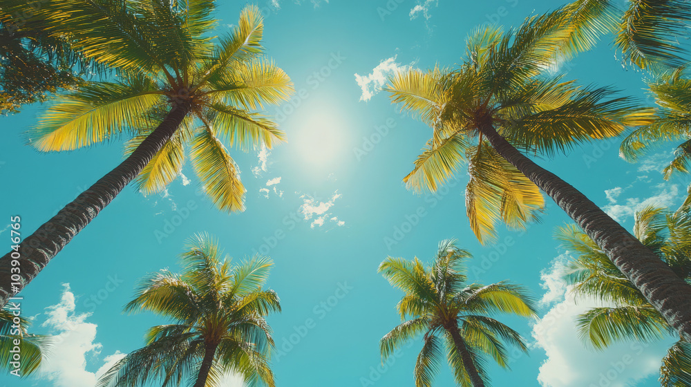 top view of palm trees against a blue sky, conveying tropical vibes top view of palm trees against a blue sky, conveying tropical vibes