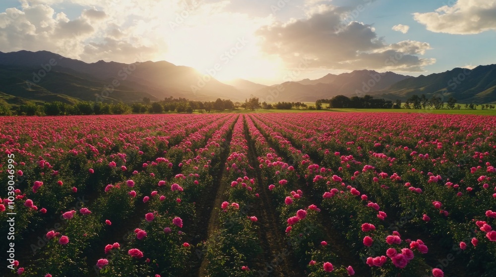 Fototapeta premium A vast field of pink roses with mountain backdrop at sunset