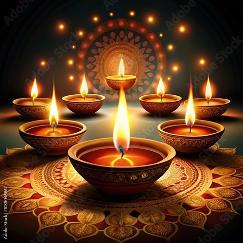 Glowing Diwali Diyas on Rangoli – Radiant Festival of Lights