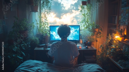 Person sits at a computer in a room filled with plants, surrounded by warm lighting and nature-inspired decor