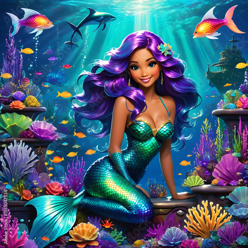 In this artwork, a whimsical underwater scene unfolds, where a mermaid with iridescent scales glides near abandoned pirate ships. Colorful fish and glowing sea flora encircle her, while treasures glin photo