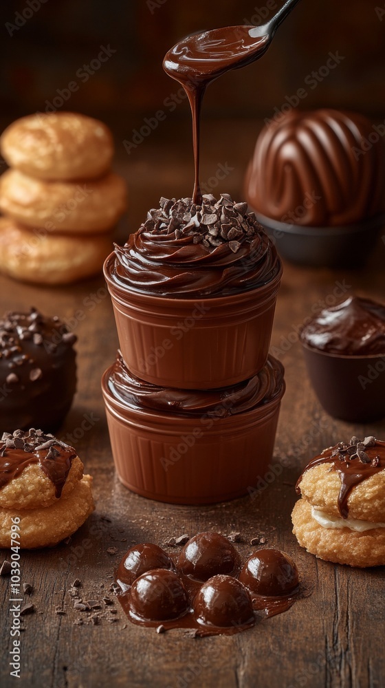 Shows chocolate cupcakes topped with chocolate chips, surrounded by churros, truffles, and a drizzle of chocolate sauce Shows chocolate cupcakes topped with chocolate chips, surrounded by churros, truffles, and a drizzle of chocolate sauce